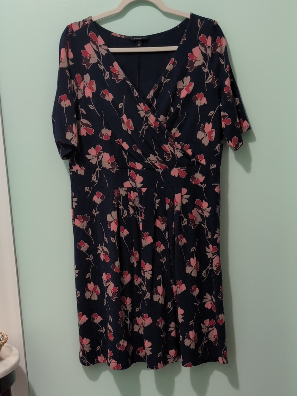 Lands' End Navy Floral V-Neck Fit-and-Flare Midi Dress
